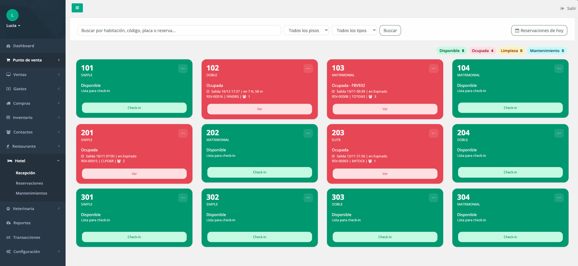 Dashboard del PMS OKFAC mostrando calendario de reservas hoteleras